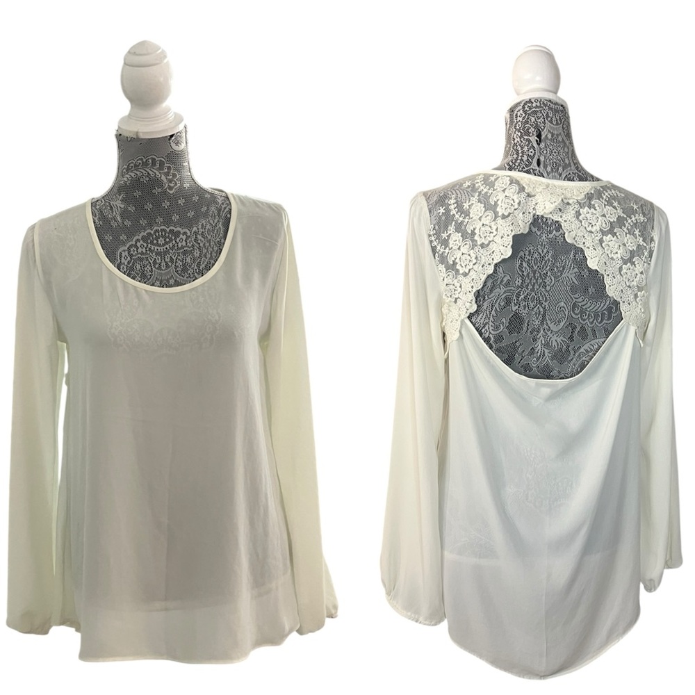 Charming Charlie Sheer Ivory Blouse with Lace Back Detail Size Medium